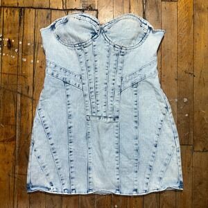 PrettyLittleThing Mini Dress Women's 12 Blue Denim Strapless Acid Wash Back Zip
